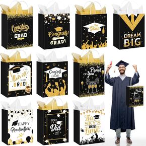 Geyoga 10 PCS 13 '' كبيرة 2025 حفلة التخرج تفضل الحقائب مع المقابض وأوراق الأنسجة ، فئة من 2025 حقائب هدايا التخرج لكلية المدرسة الثانوية تهانينا لوازم الحفلات (الأسود والذهبي)