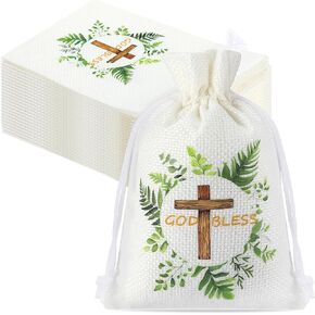 60 PCS المعمودية أكياس الحلوى 4 × 6 بوصات حقيبة حلوى صغيرة التعميد مع الرباطين أول شركة جيدة للتواصل مع الحقائب التعميد لحزب الحفلات الصليب المجوهرات للنساء كنيسة دش الزفاف
