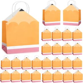 Feifeiya 12 Pcs Pencil Shaped Gift Bags with Handle Bulk 7.9 x 10.2 x 3.9 Inch Candy Goodie Boxes Teacher Gift Bag for First Day of School Supplies Birthday Party Decorations