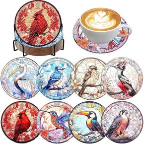 8 PCS Birds Diamond Art Coasters Diamond Painting Coasters مع حاملات ، وطيور DIY للمبتدئين البالغين ، لوازم الحرف الفنية الماسية