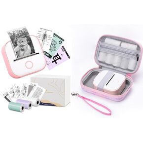 Memoking Mini Sticker Printer - T02 Small Thermal Printer for Phone, Portable Wireless Receipt Printers with 3 Rolls Paper and T02 Hard Storage Case, Pink