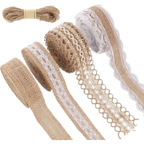 4 Rolls Burlap Ribbon Lace Roll Crafts Ribbon with 32 Feet Twine Rope for Wedding Christmas Decoration DIY Handmade Crafts, 5.5 Yards for Each Roll