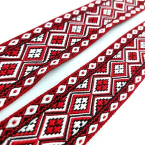 2 Meters Jacquard Embroidered Ribbon Trim, 3.2cm Width, Red Geometric Pattern,Sewing for Bag Clothing