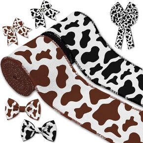 YKW 2 Rolls Cow Print Ribbon with Wire Edge - White Brown Fabric Ribbon for Wreath Bow Making DIY Crafts Wrapping Party Decor Supplies, Cow Print Wrapping Paper