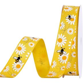 YAMA Bee Grosgrain Ribbon with Bumble Bee Daisy Flower Print Yellow Teacher Ribbon for Crafts Gift Wrapping Hair Bows Party Decoration, 5/8 Inch x 10 Yard