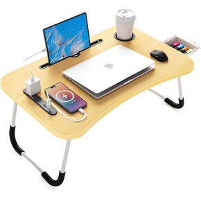 طي مكتب الكمبيوتر المحمول مع منافذ شحن USB & Type C ، ومكتب سرير 24 بوصة مع درج تخزين وحامل الكأس ، للبريش للعمل ، والأكل ، والقراءة ، ومشاهدة الأفلام