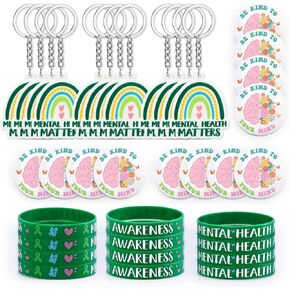 36pcs الوعي بالصحة العقلية مجموعة أساور السيليكون شارات وسلاسل المفاتيح الصحة العقلية.