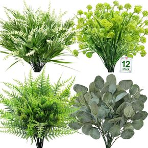 12 Bundles Artificial Fake Plants, Artificial Flowers for Outdoors UV Resistant Plastic Faux Boston Fern Lavender Boxwood Greenery Shrubs Cemetery Flowers for Grave Gardens Porch Home Summer Decor