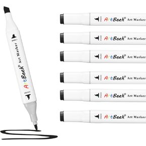 6pcs Black Brush Tip Alcohol Markers Set, Dual Tips Art Markers Drawing Sketched Double Tipped for Beginner Adults(Black)