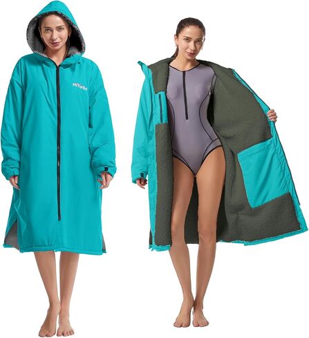 Hiturbo Warm Waterproof Swim Parka: Oversized Hooded Changing Robe - Sherpa Liner Swimming Coat - Recycled Fabric Surf Poncho in Kuwait