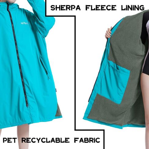 Hiturbo Warm Waterproof Swim Parka: Oversized Hooded Changing Robe - Sherpa Liner Swimming Coat - Recycled Fabric Surf Poncho in Kuwait