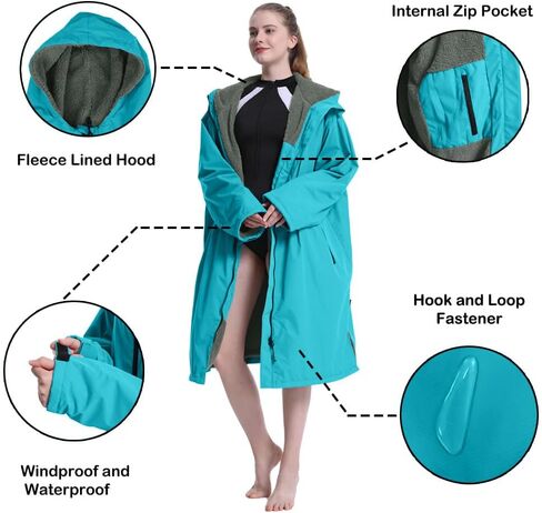 Hiturbo Warm Waterproof Swim Parka: Oversized Hooded Changing Robe - Sherpa Liner Swimming Coat - Recycled Fabric Surf Poncho in Kuwait
