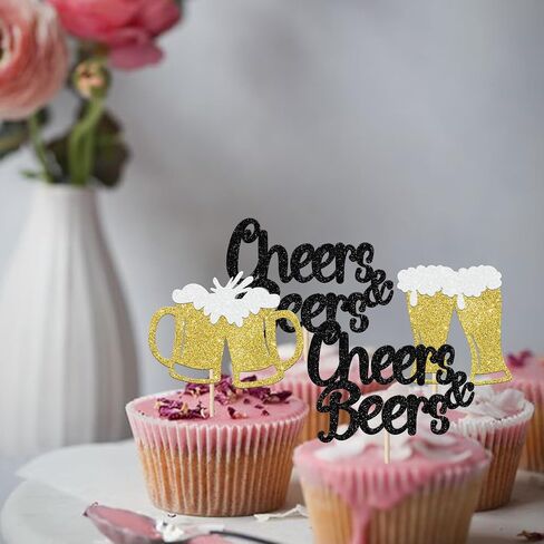 Rsstarxi 24 Pack Cheers and Beers Cupcake Toppers Beer Party Decorations Beer Mug Cupcake Picks for Cheers Beers Festival Themed Baby Shower Birthday Cake Decorations Black, Design 1 in Saudi Arabia