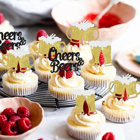 Rsstarxi 24 Pack Cheers and Beers Cupcake Toppers Beer Party Decorations Beer Mug Cupcake Picks for Cheers Beers Festival Themed Baby Shower Birthday Cake Decorations Black, Design 1 in Saudi Arabia