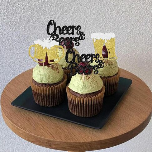 Rsstarxi 24 Pack Cheers and Beers Cupcake Toppers Beer Party Decorations Beer Mug Cupcake Picks for Cheers Beers Festival Themed Baby Shower Birthday Cake Decorations Black, Design 1 in Saudi Arabia