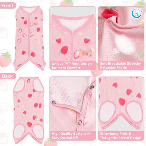 TONY HOBY Dog Pajamas Summer Dog Shirt Onesie Recovery Suit Sleeveless Puppy Jumpsuit Outfit Costume with 5-Snap Button, Soft Strawberry Print Pet Clothes for Small Dogs(Pink, Medium) in Saudi Arabia