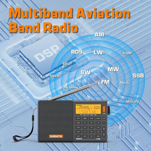 D808 Portable AM FM SW LW Air Band Radio SSB RDS Multi Band Radio Speaker with LCD Display Alarm Clock External Antenna (Black) in Kuwait