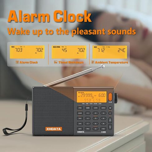 D808 Portable AM FM SW LW Air Band Radio SSB RDS Multi Band Radio Speaker with LCD Display Alarm Clock External Antenna (Black) in Kuwait