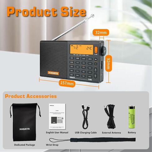 D808 Portable AM FM SW LW Air Band Radio SSB RDS Multi Band Radio Speaker with LCD Display Alarm Clock External Antenna (Black) in Kuwait