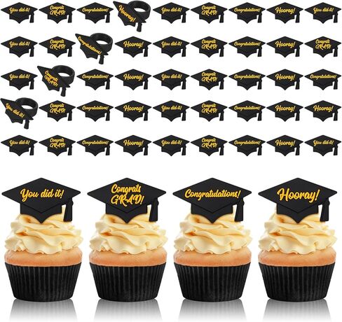 Chuangdi 48 Pieces Graduation Hat Sayings Cupcake Rings 2025 Congrats Grad Cupcake Toppers Rings Black Hat Cake Decorations for Graduation Party Supplies, 4 Styles in Saudi Arabia