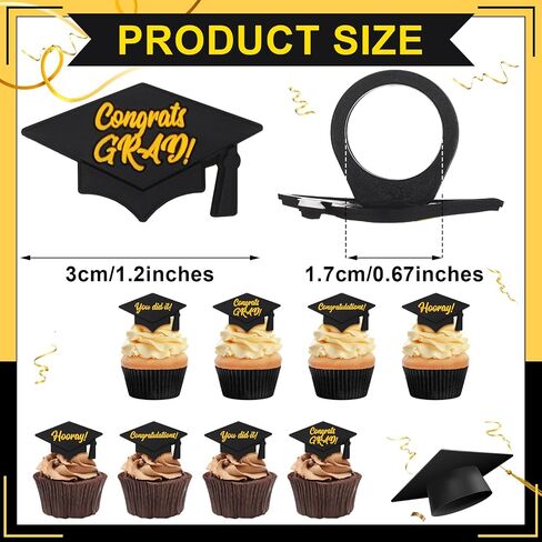 Chuangdi 48 Pieces Graduation Hat Sayings Cupcake Rings 2025 Congrats Grad Cupcake Toppers Rings Black Hat Cake Decorations for Graduation Party Supplies, 4 Styles in Saudi Arabia