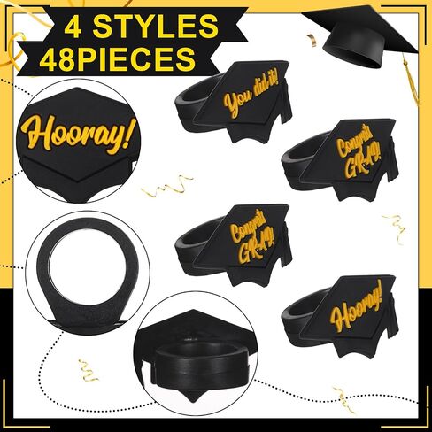 Chuangdi 48 Pieces Graduation Hat Sayings Cupcake Rings 2025 Congrats Grad Cupcake Toppers Rings Black Hat Cake Decorations for Graduation Party Supplies, 4 Styles in Saudi Arabia