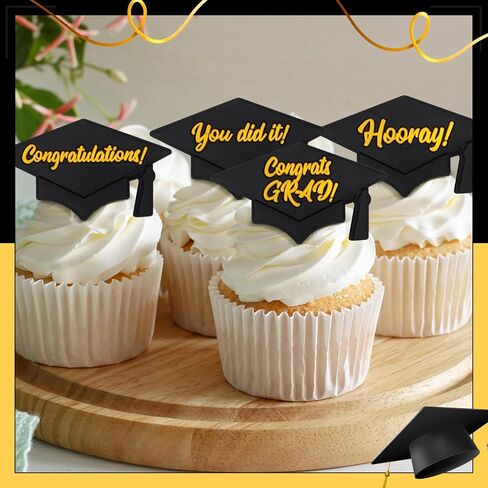 Chuangdi 48 Pieces Graduation Hat Sayings Cupcake Rings 2025 Congrats Grad Cupcake Toppers Rings Black Hat Cake Decorations for Graduation Party Supplies, 4 Styles in Saudi Arabia