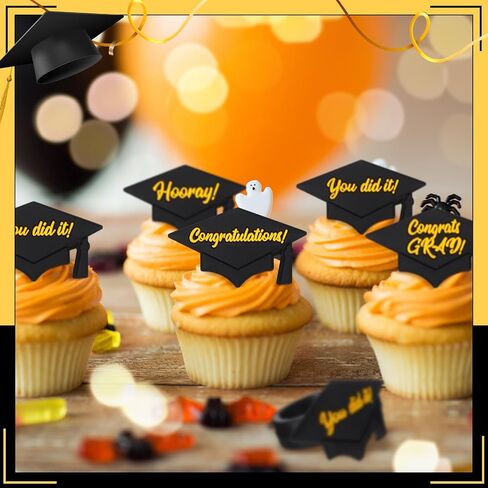 Chuangdi 48 Pieces Graduation Hat Sayings Cupcake Rings 2025 Congrats Grad Cupcake Toppers Rings Black Hat Cake Decorations for Graduation Party Supplies, 4 Styles in Saudi Arabia