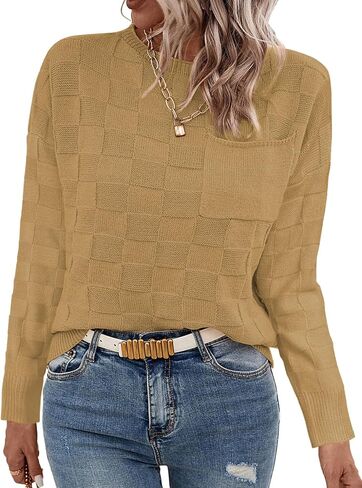 Women Lightweight Sweaters Crewneck Long Sleeve Block Knit Pullover Shirts Tunic Tops with Pocket Dusty Pink X-Large in Kuwait