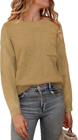 Women Lightweight Sweaters Crewneck Long Sleeve Block Knit Pullover Shirts Tunic Tops with Pocket Dusty Pink X-Large in Kuwait