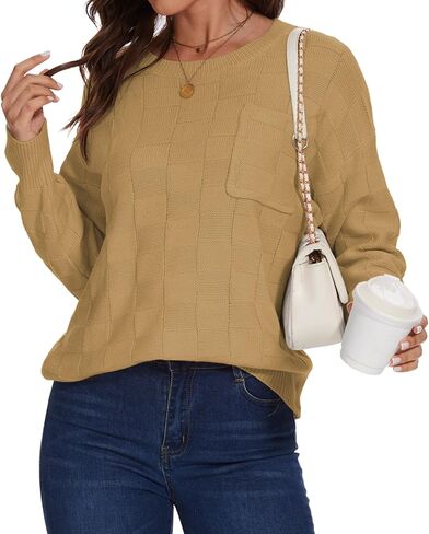 Women Lightweight Sweaters Crewneck Long Sleeve Block Knit Pullover Shirts Tunic Tops with Pocket Dusty Pink X-Large in Kuwait