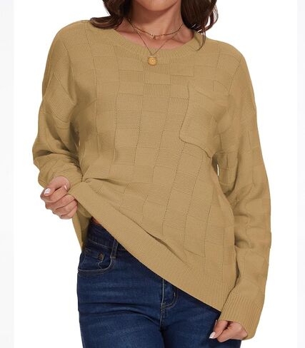 Women Lightweight Sweaters Crewneck Long Sleeve Block Knit Pullover Shirts Tunic Tops with Pocket Dusty Pink X-Large in Kuwait