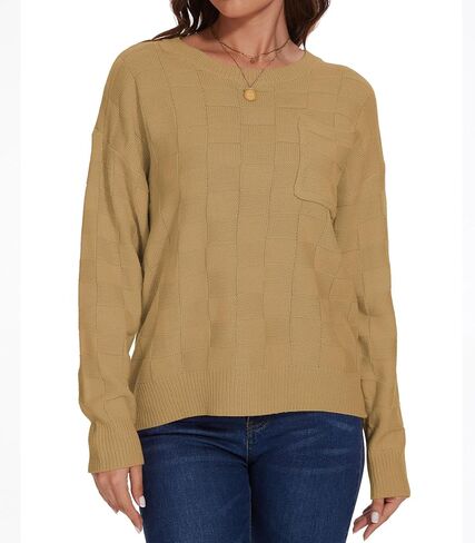 Women Lightweight Sweaters Crewneck Long Sleeve Block Knit Pullover Shirts Tunic Tops with Pocket Dusty Pink X-Large in Kuwait