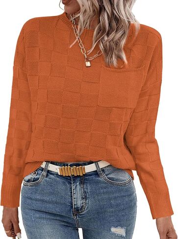Women Lightweight Sweaters Crewneck Long Sleeve Block Knit Pullover Shirts Tunic Tops with Pocket Dusty Pink X-Large in Saudi Arabia