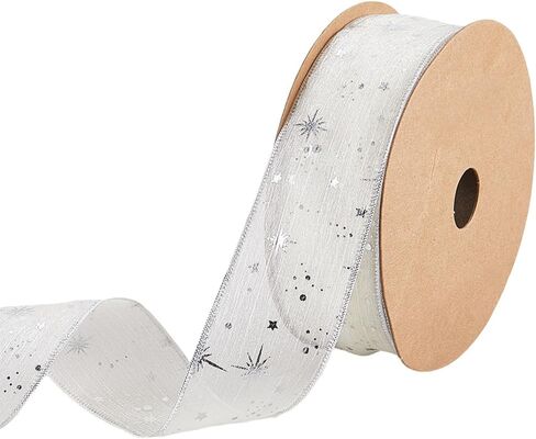 20 ياردة 1 5/8 بوصة نجم فضية أبيض نمط طباعة organza chiffon trim بريق النجوم الشفافة الشفافية شريط النسيج البوليستر لخياطة صنع الهدايا ديكور المنزل الحرف باقة ديي in Kuwait