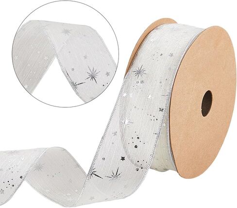 20 ياردة 1 5/8 بوصة نجم فضية أبيض نمط طباعة organza chiffon trim بريق النجوم الشفافة الشفافية شريط النسيج البوليستر لخياطة صنع الهدايا ديكور المنزل الحرف باقة ديي in Kuwait