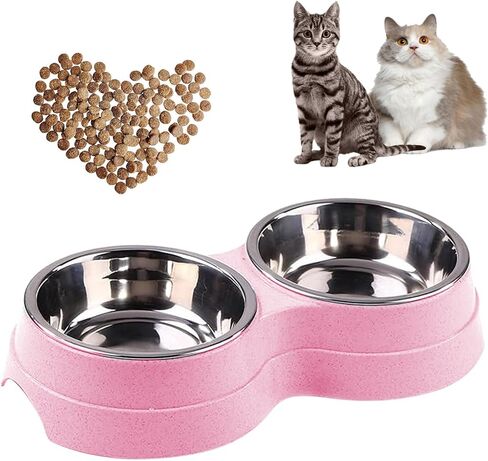 Double Cat Food and Water Bowl Set - Stainless Steel Bowls with Easy-to-Clean Detachable Design, Non-Slip Base, Pet Feeder for Kittens and Medium Cats in Saudi Arabia