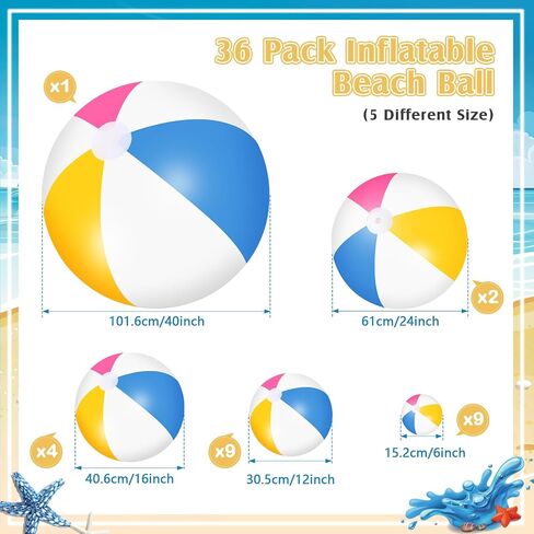 36 Pcs Inflatable Beach Balls Bulk 6" 12" 16" 24" 40" Multiple Sizes PVC Summer Swimming Pool Ball for Adults Outdoor Beach Hawaii Water Games Party Decorations in Kuwait