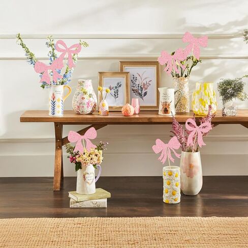 Gyufise 12Pcs Bow Centerpiece Sticks Birthday Bowknot Ribbons Coquette Table Flower Centerpieces Sticks Bow High Footed Party Decorations for Bridal Shower Birthday Wedding Party Supplies Pink in Kuwait