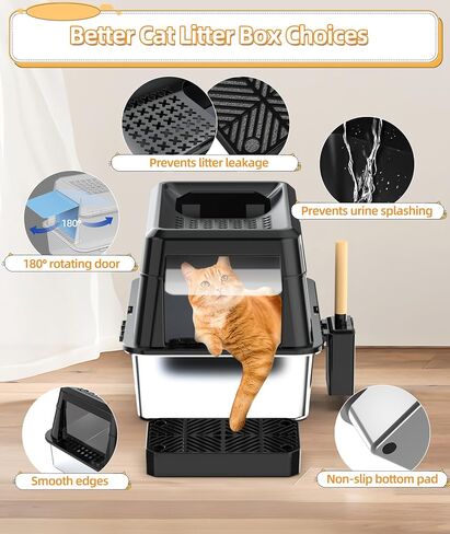 EPN Stainless Steel Cat Litter Box with Lip, XXL Extra Large Enclosed Removable Metal Litter Box for Big Cats, High Sided Enclosure, Scoop & Footboard, Leak-Proof, Odorless, Easy to Clean（Light Grey in Saudi Arabia