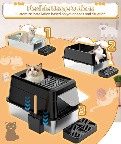 EPN Stainless Steel Cat Litter Box with Lip, XXL Extra Large Enclosed Removable Metal Litter Box for Big Cats, High Sided Enclosure, Scoop & Footboard, Leak-Proof, Odorless, Easy to Clean（Light Grey in Saudi Arabia