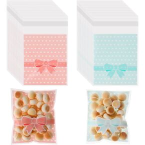 200pcs الأكياس اللاصقة من Cookie Caps Pink & Blue Polka مع ديكور القوس ختم الأكياس السيلوفان لتغليف Bakery Biscuit Chocolate Dessert Wedding Party ، 3.7 "X3.1"
