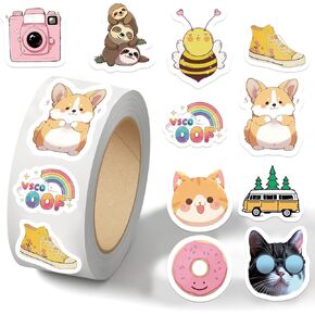 500PCS VSCO Stickers Roll 10 Styles Envelope Seals Sticker Cute Animal Stickers for Kids Kawaii Aesthetic Sticker VSCO Party Favors(500 Per Roll)