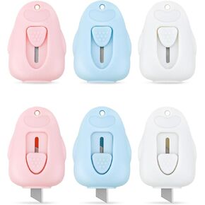6 Pcs Mini Box Cutters, Retractable Letter Opener, Penguin Shaped Mini Art Utility Knives, Cute Tiny Paper Cutter for Key Chain, Envelope Slitter for Office School