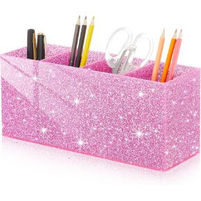 Jetec Glitter Pink Pencil Holder Acrylic bling Pen Storage for Women Girls 4 فتحات تفريغ الفرشاة ، صندوق تخزين الفرشاة التجميلي للمكتب المكتبي.