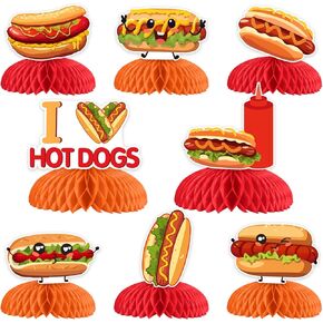 Joymemo 8 قطع Hot Dog Honeycomb Centerpaces للجداول - الوجبات السريعة موضوع ديكور عيد ميلاد ، Hot Dog Toppers for Picnic Burger BBQ Party Supplies