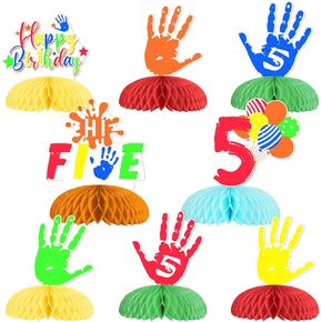 funmemoir 8pcs مرحبا خمسة ديكورات حفلة عيد ميلاد ، ديكورات عيد ميلاد الخامس للبنين الفتيات قرص العسل الديكور مركب مركب لمدة 5 سنوات زخارف أعياد الميلاد توببر