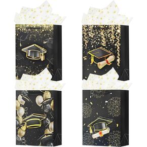 OFIHANLY 4Pcs 9" Small Size Graduation Gift Bag with Handles Black and Gold Congrats Paper Party Gift Wrap Bags with Tissue Paper for 2025 College, High School, Kindergarten, Nursing School