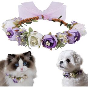 Pet Flower Collar with Adjustable Ribbon Small Dog Wedding Attire Wreath Bow Purple Cat Floral Collar Dog Flower Ring for Wedding Ceremony Small Dogs Cats Puppies Bunnies Grooming (XL)