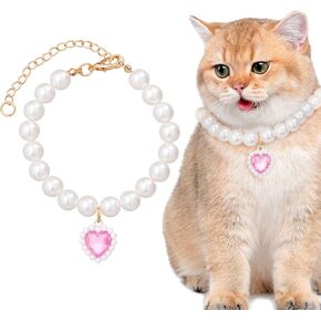 Cat Pearl Collar with Heart Pendant, Adjustable Pet Necklace, Elegant Cat Dog Puppy Kitten Pet Jewelry Accessories for Wedding, Party (Pearl, 1 Pcs)
